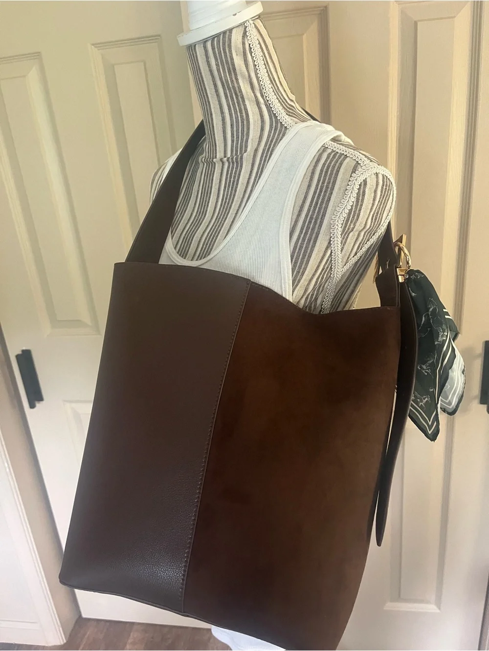 Tote Vegan leather & suede tote w/ removable charm adjustable buckle strap NWT
